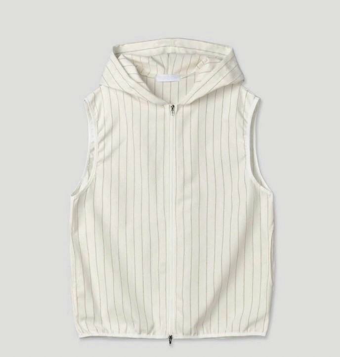 PARA 亞麻 直條線 拉鍊 連帽背心 #外套