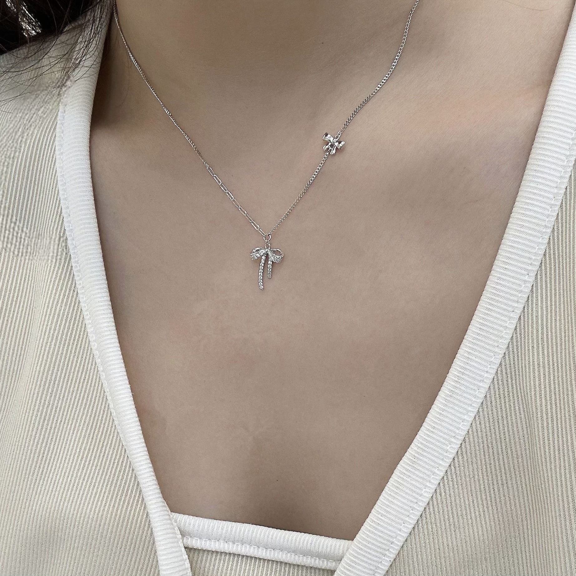 Q04【輕奢】排鑽立體蝴蝶結純銀鎖骨鏈