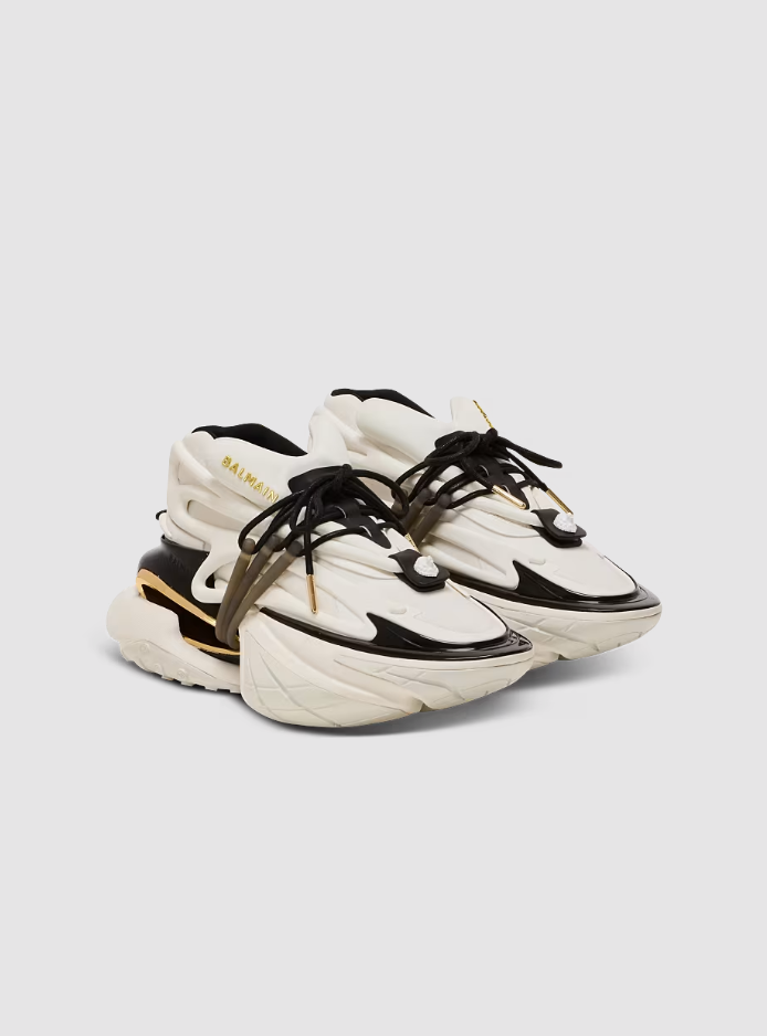 【 BALMAIN UNICORN LOW-TOP 皮革運動鞋 - 白x黑x金 】