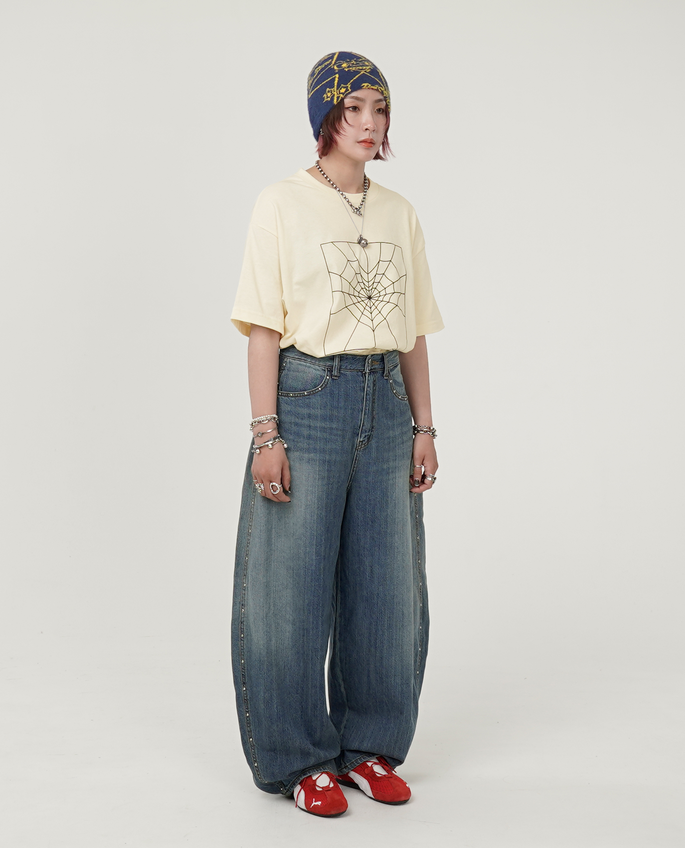 刷色寬錐側排釘牛仔