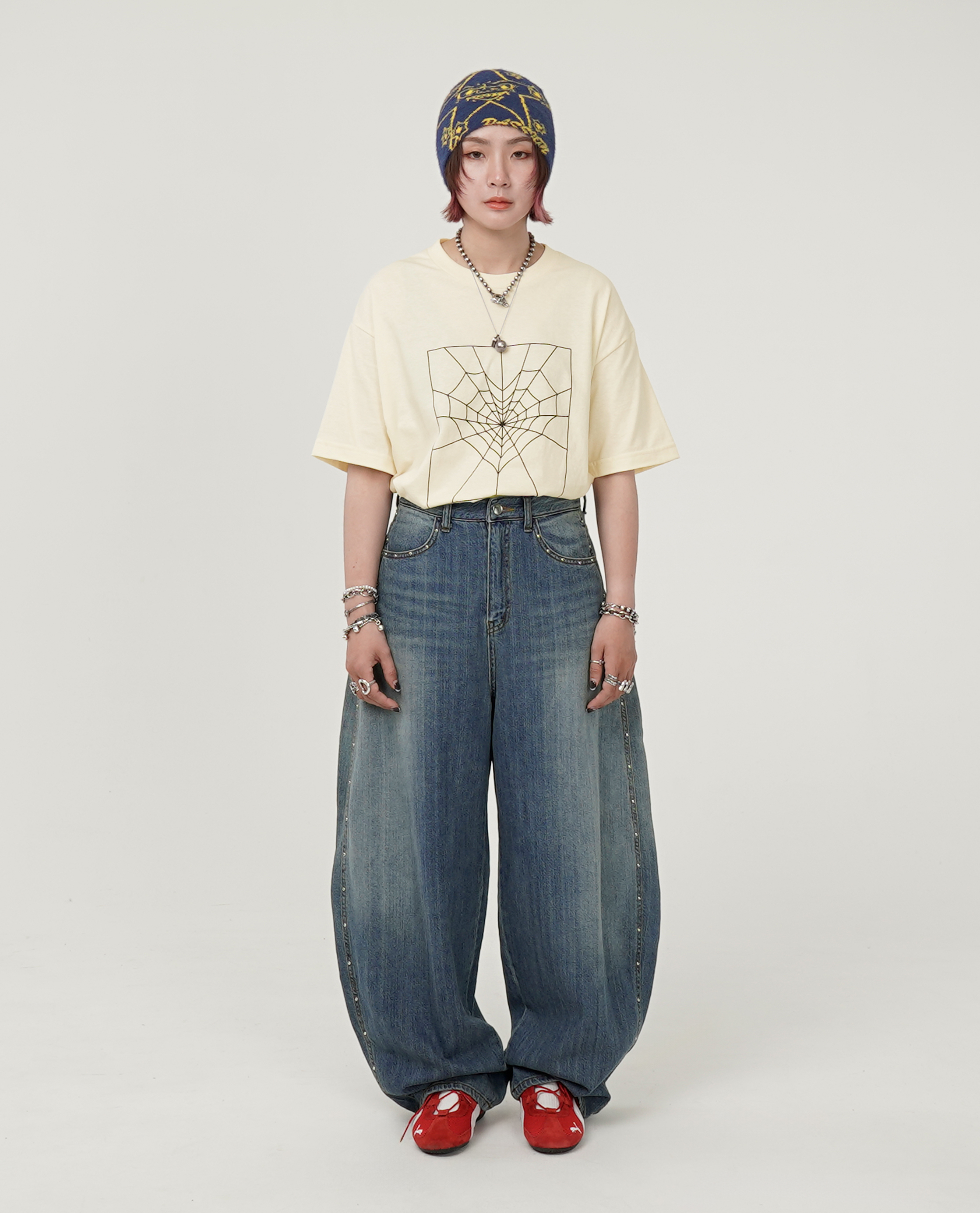 刷色寬錐側排釘牛仔