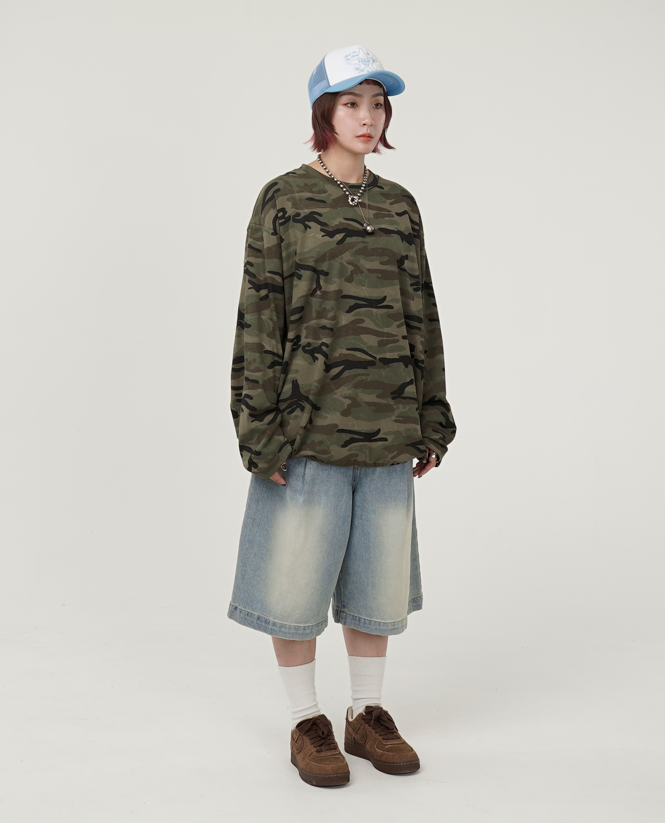 膝下刷色前摺牛仔