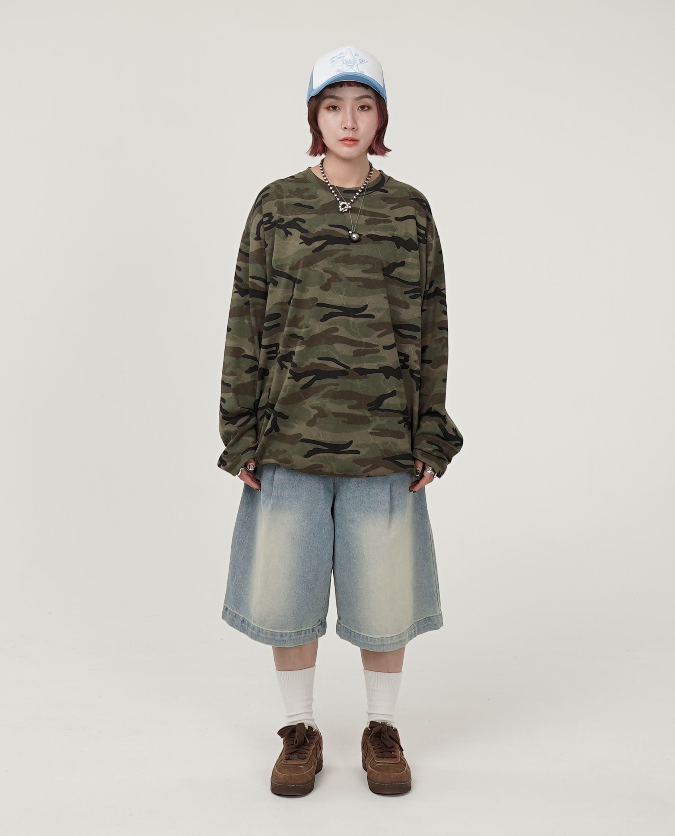 膝下刷色前摺牛仔