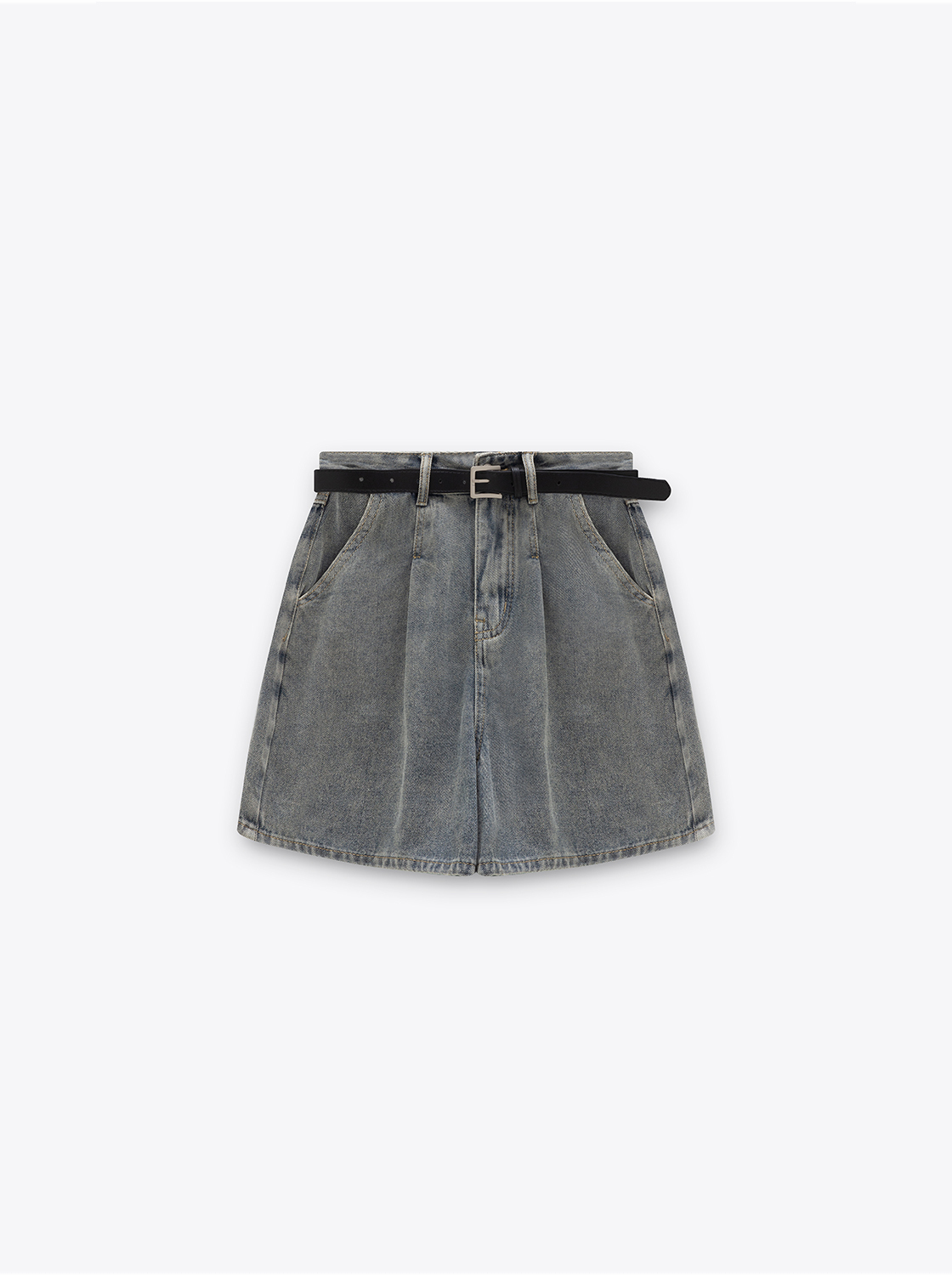 附皮帶牛仔直筒短褲