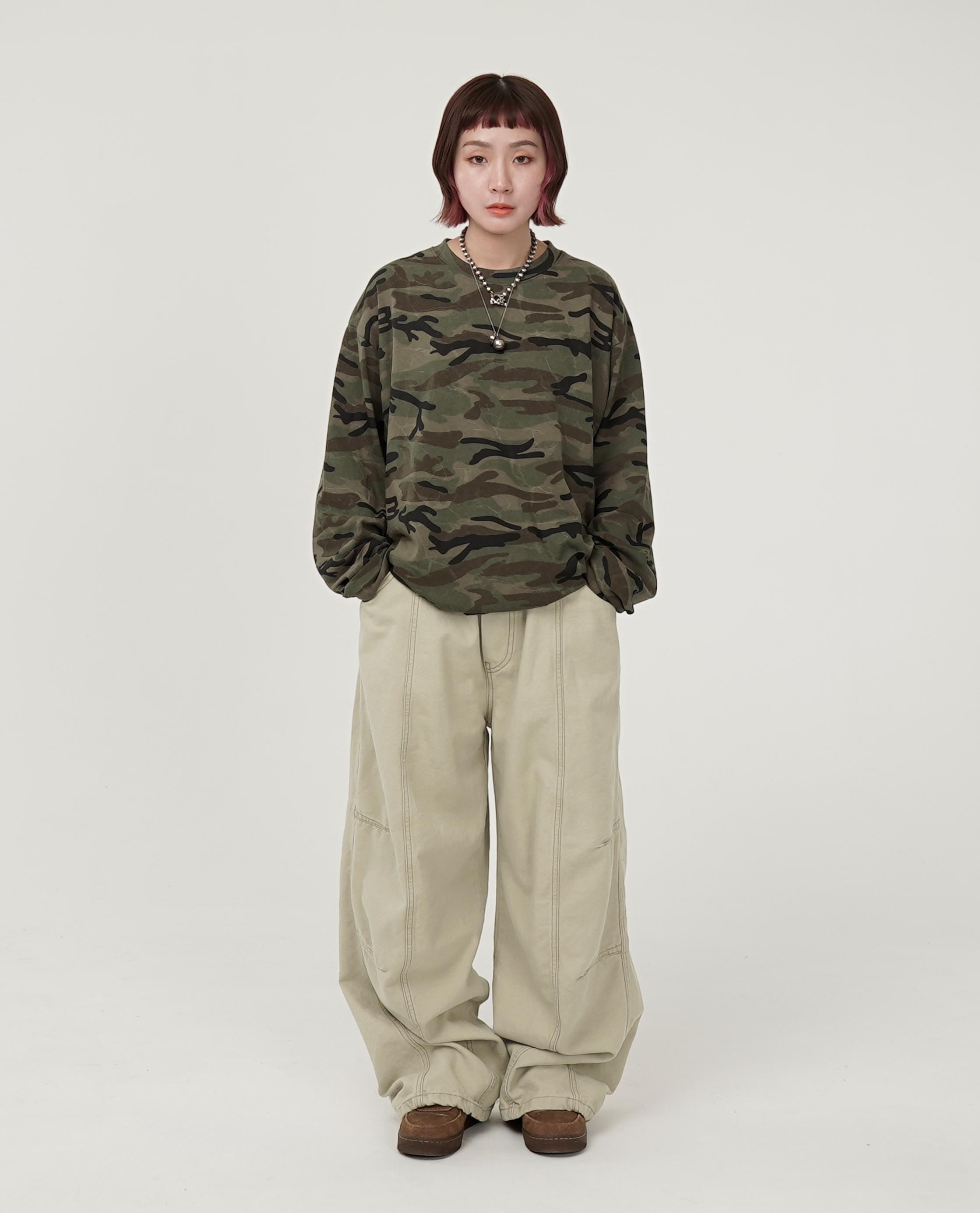 鬆緊雙側車線直筒褲