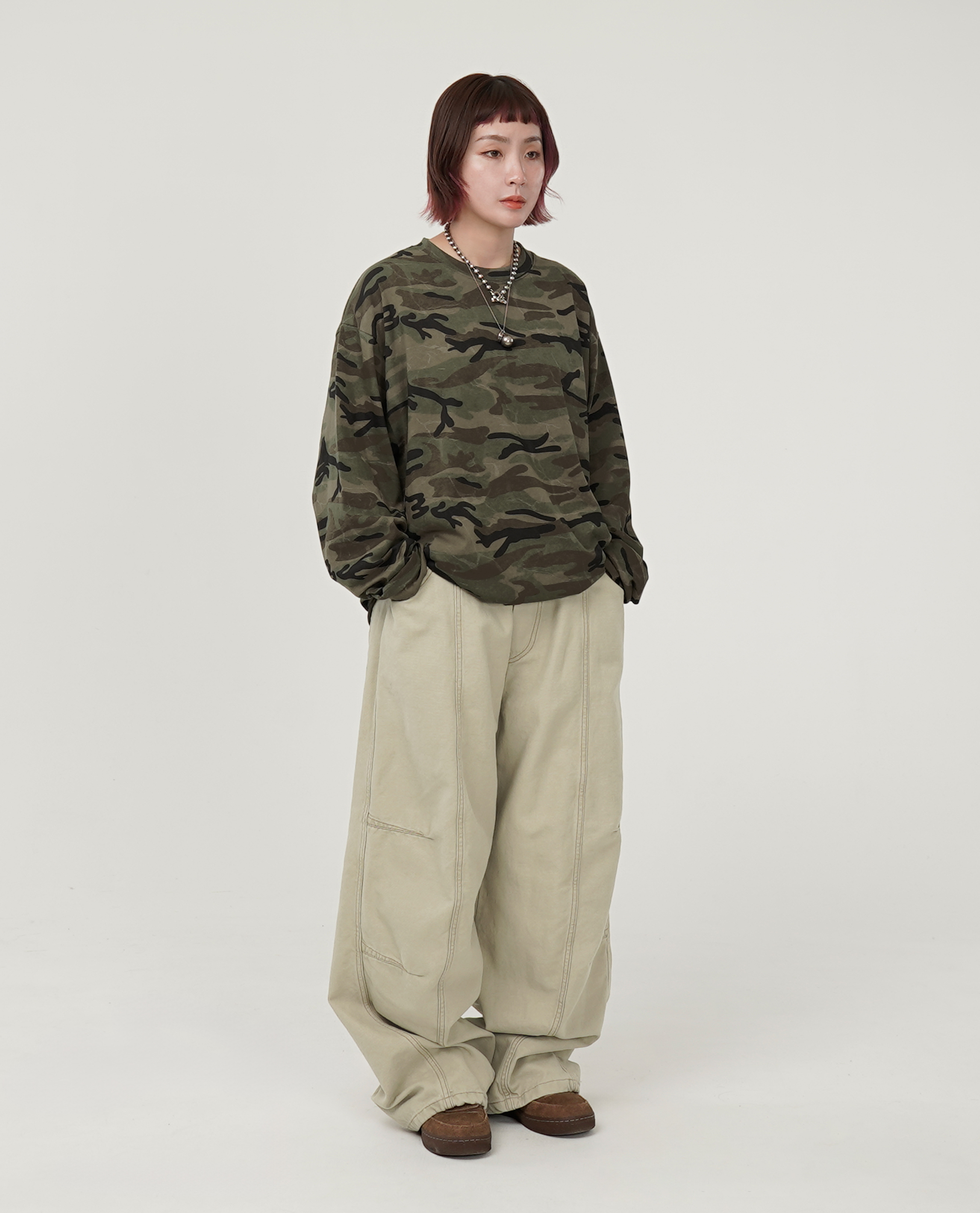 鬆緊雙側車線直筒褲