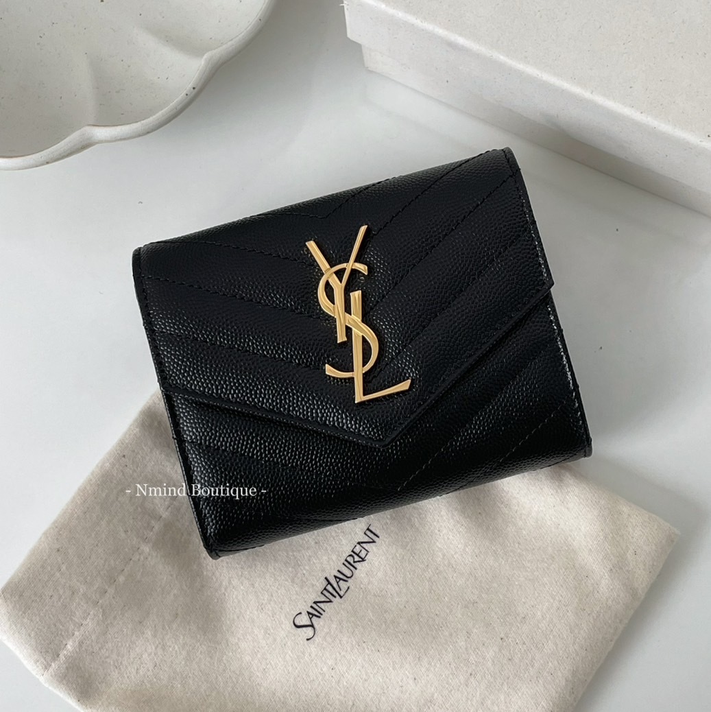 SAINT LAURENT Cassandre Matelassé Compact Tri Fold Wallet In Grain De Poudre Leather