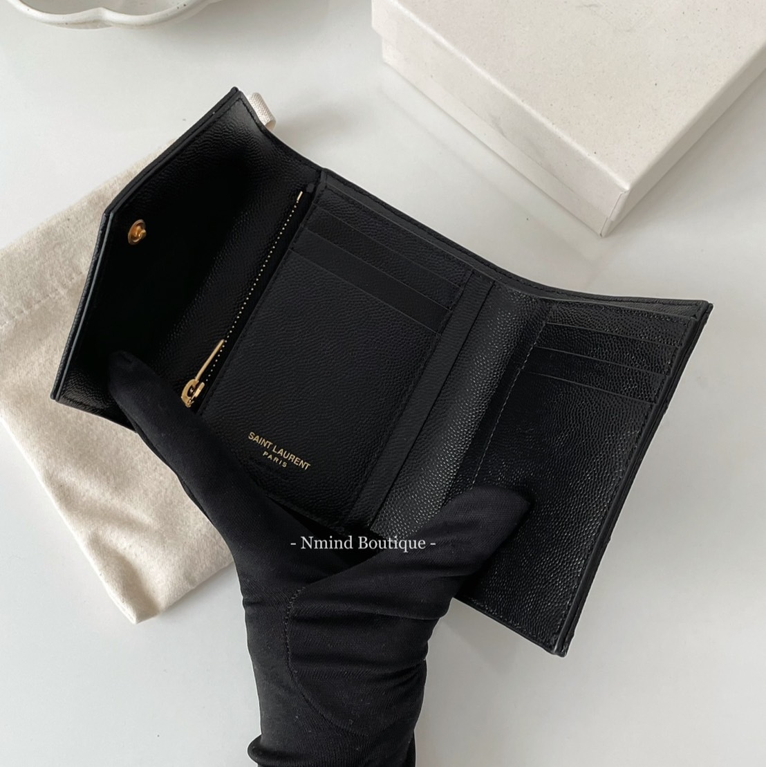 SAINT LAURENT Cassandre Matelassé Compact Tri Fold Wallet In Grain De Poudre Leather