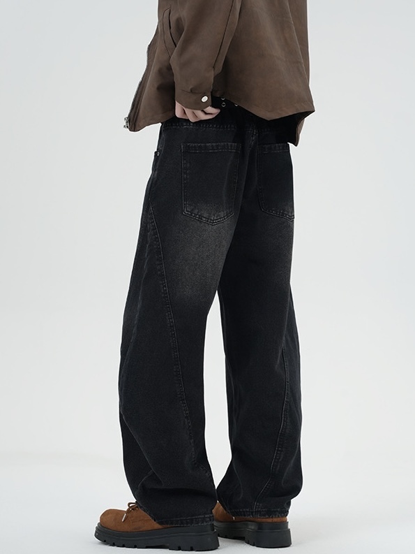 復古刷色 闊腿 彎刀褲