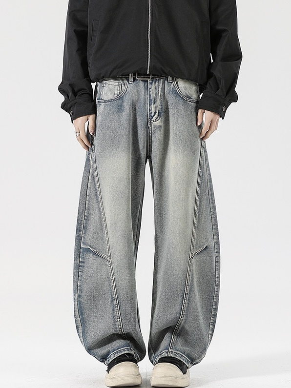 復古刷色 闊腿 彎刀褲