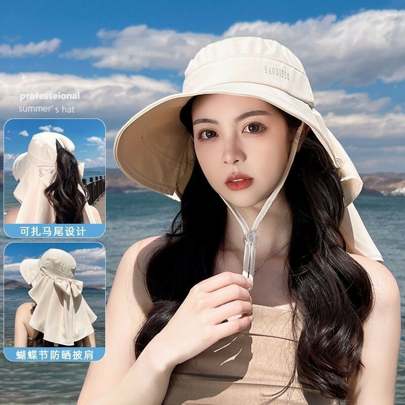 防曬帽 大帽檐 蝴蝶結 披肩遮陽帽 帶馬尾孔 遮陽帽 戶外帽 女生帽子 沙灘帽 韓版帽子 魔鬼氈黏貼 時尚 送禮 080