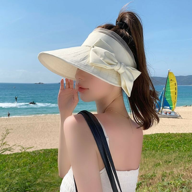 遮陽帽 帽子 薄紗蝴蝶結 大蝴蝶結 空頂帽 防曬帽 顯臉小 女生帽子 頭圍可調 魔鬼氈黏貼 韓版帽子 穿搭好物 075