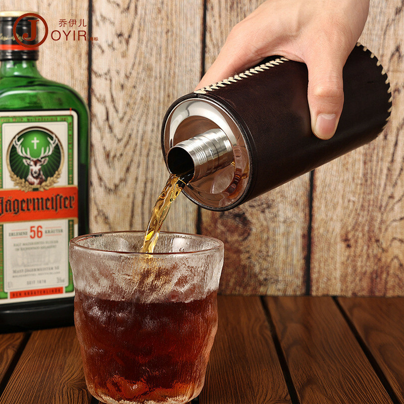 酒瓶 酒壺 不鏽鋼酒壺 手工縫線 植鞣皮酒瓶 復古風格 500ml 水瓶 真皮酒壺 存酒壺 釀酒瓶 禮物 水壺 151