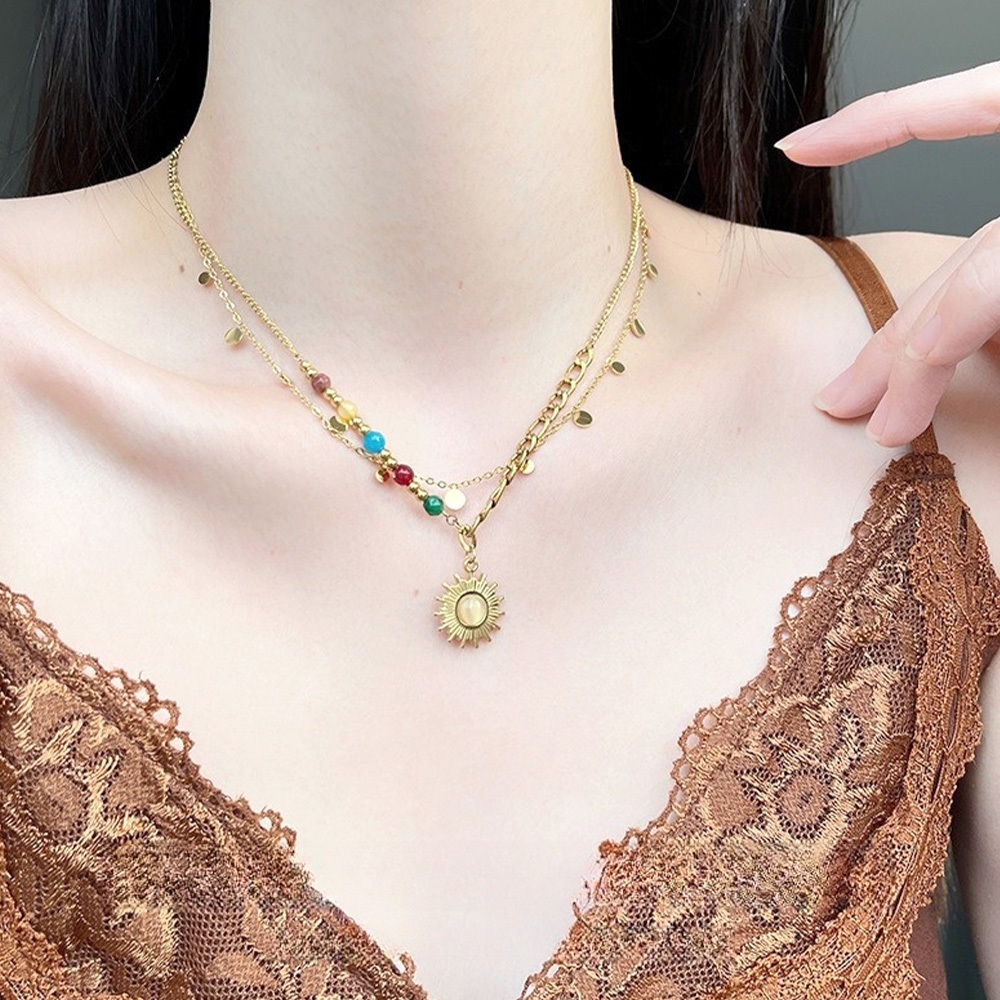 疊戴毛衣鏈 鈦鋼項鍊 小眾個性 配飾 向日葵項鍊 串珠項鍊 禮物 項鍊 小圓片 項鍊女 復古串珠 吊墜 045