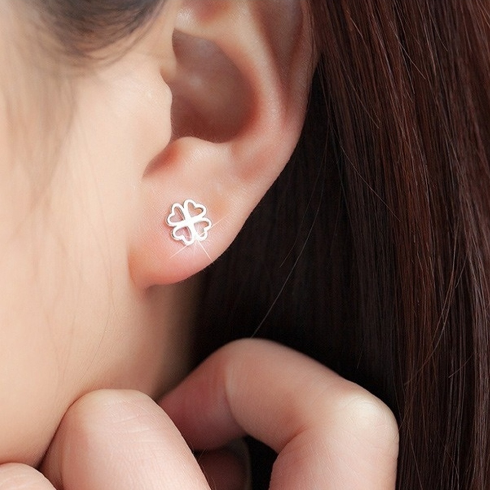 耳釘 女生 韓版 禮物 簡約 個性 鏤空 耳飾 耳環 純銀耳環 s925純銀 四葉草 幸運草 女生耳環 首飾003