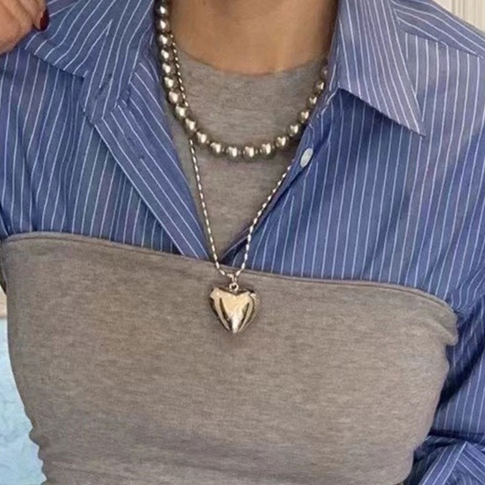 毛衣鏈 鎖骨鍊 串珠項鍊 愛心項鍊 項鍊女 情人節禮物 灰色 精品珍珠項鍊 項鍊 米粒珠 鈦鋼項鍊 愛心 吊墜 038