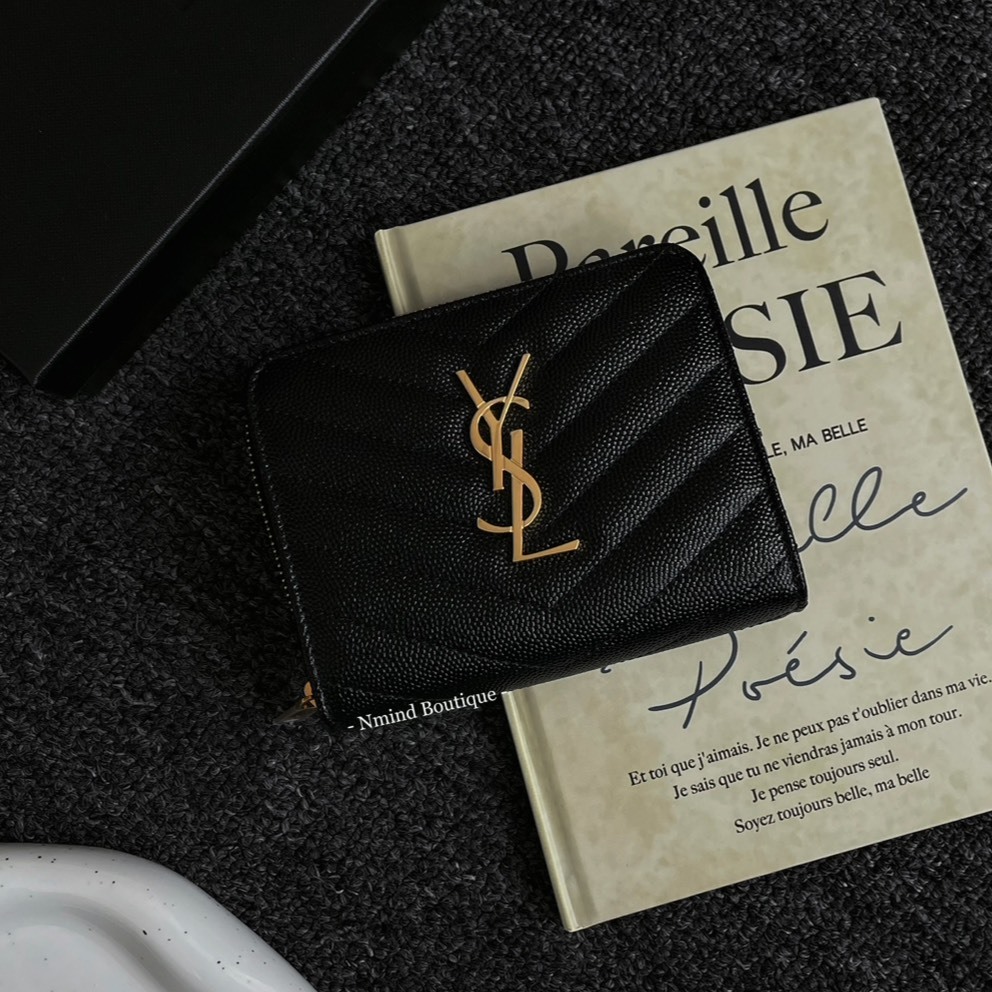 SAINT LAURENT Cassandre Matelassé Compact Zip Around Wallet In Grain De Poudre Leather