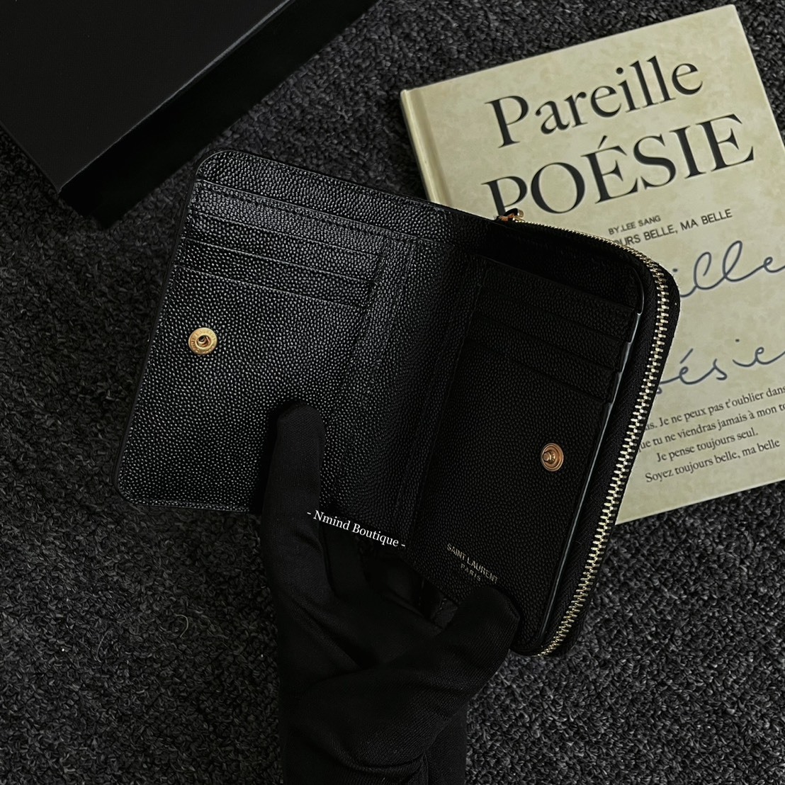 SAINT LAURENT Cassandre Matelassé Compact Zip Around Wallet In Grain De Poudre Leather