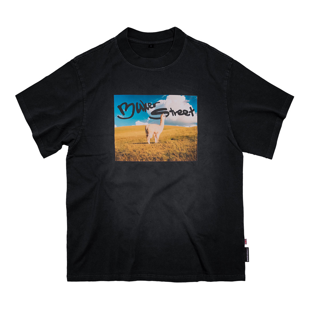 草原羊駝洗舊印花短袖T恤