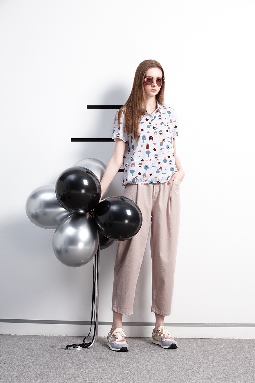 OL純色挺版棉質時尚打摺休閒造型闊腿九分褲W6371