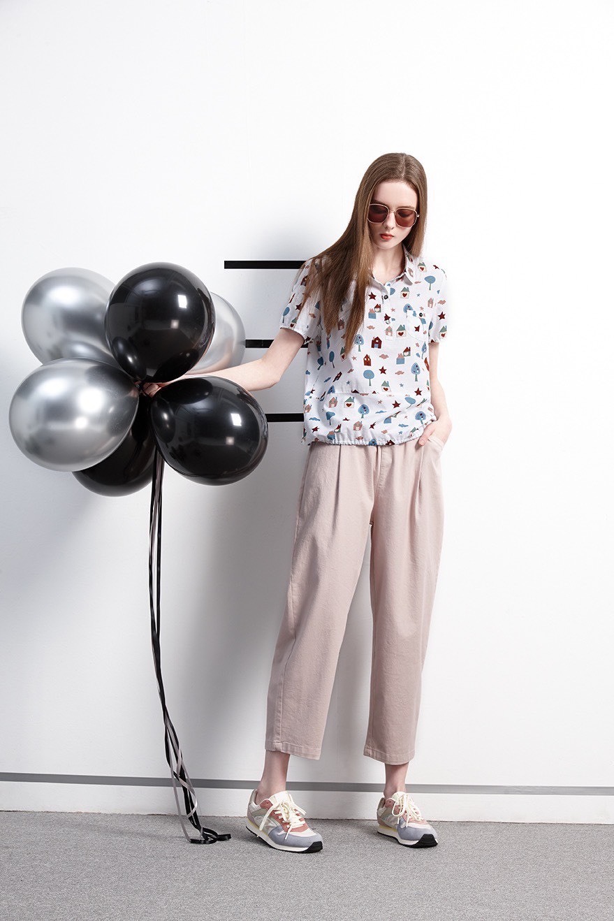 OL純色挺版棉質時尚打摺休閒造型闊腿九分褲W6371