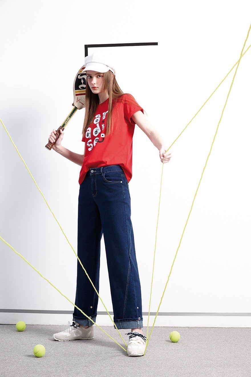 韓潮流時尚街頭牛仔褲口反摺釘釦造型修身寬管長褲W6311