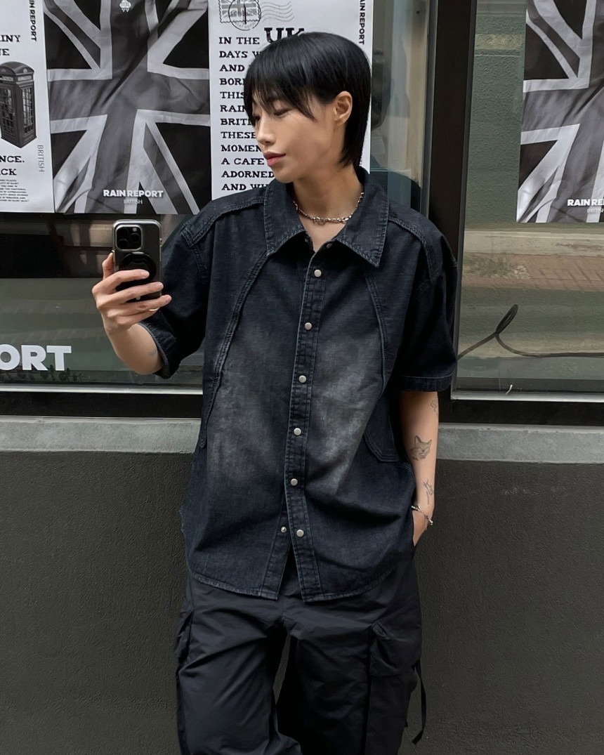 線條焦點牛仔短袖襯衫