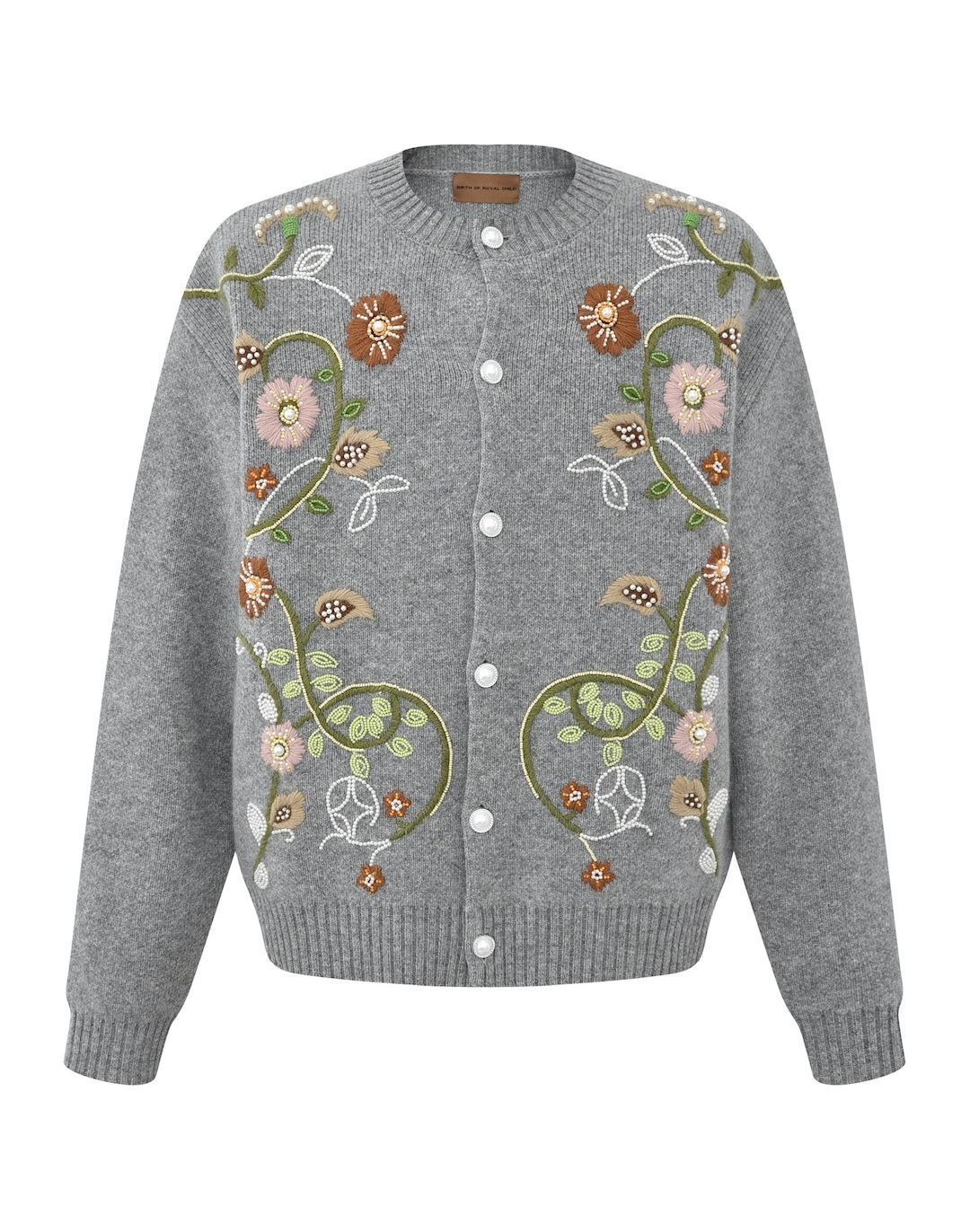 Birth Of Royal Child｜Hand-Embroidered Floral Pearl Cardigan (Grey)