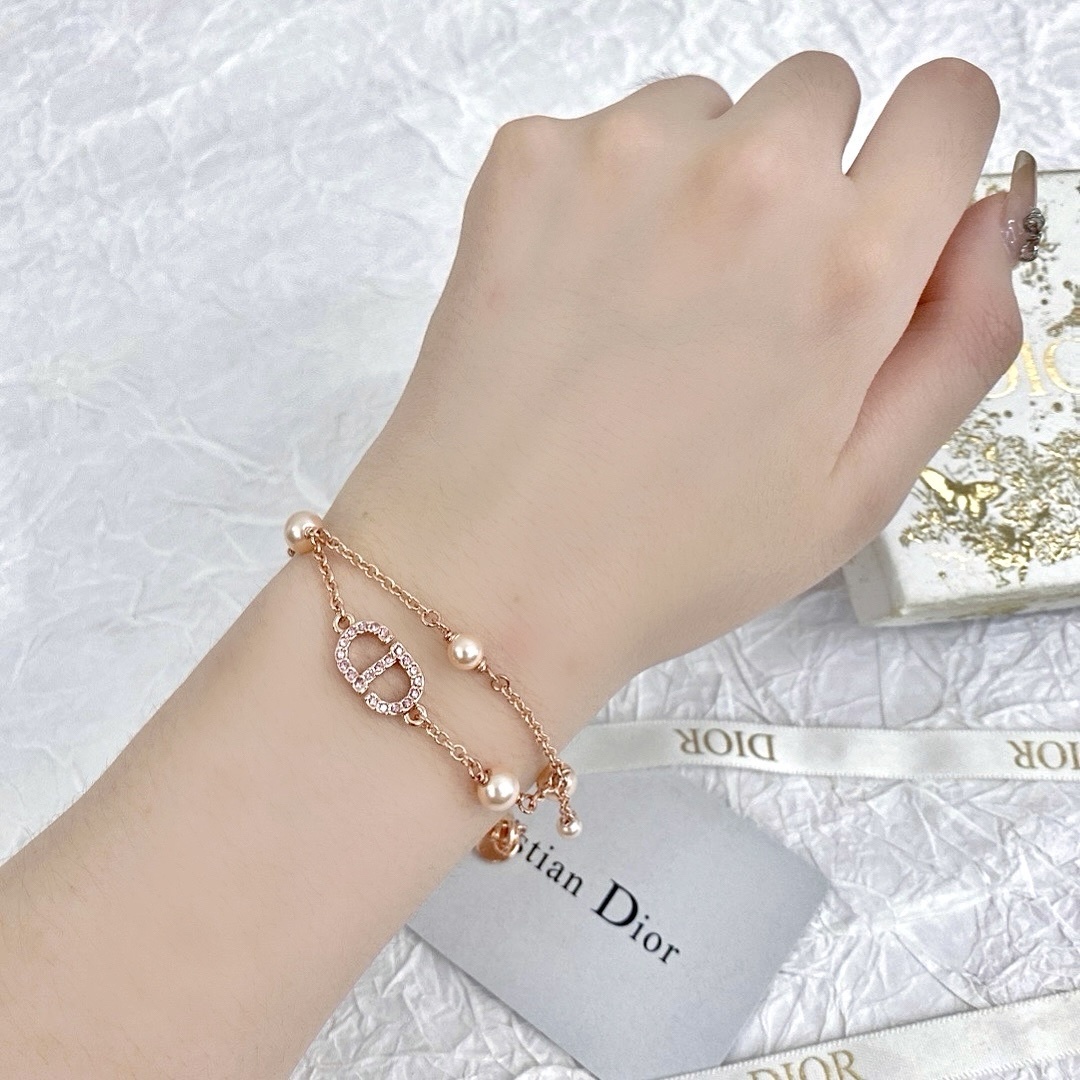 18k CD”玫瑰金粉鑽珍珠雙層鏈條流蘇定製手鍊