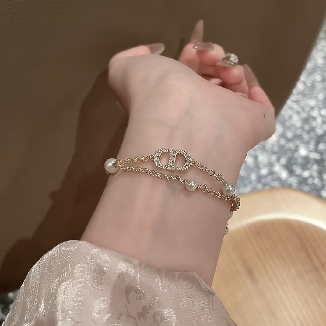 18k CD”白珍珠雙層鏈條流蘇定製手鍊