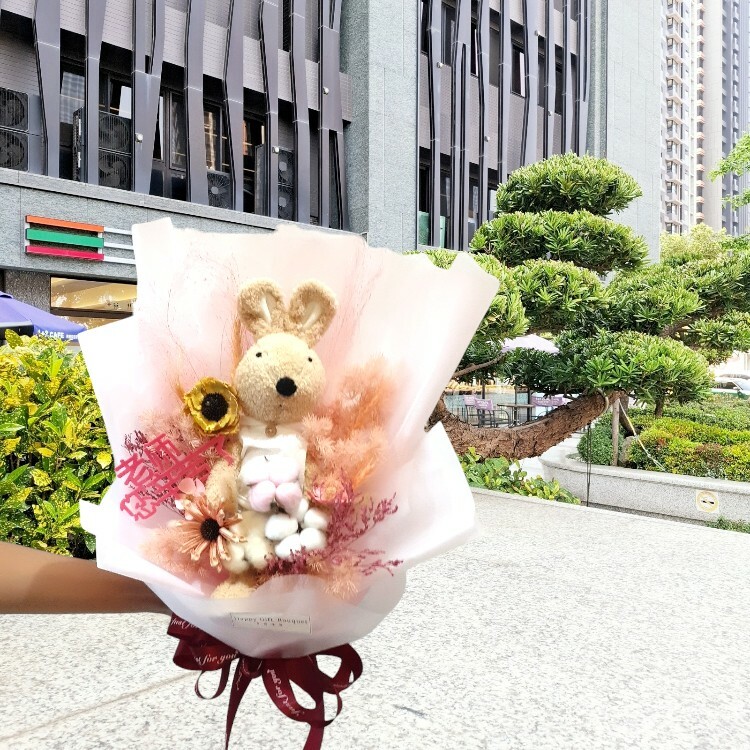 粉色法國兔砂糖兔乾燥花束,le sucre bunny Dry Bouquet