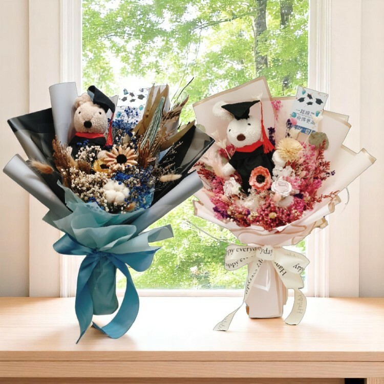 藍色粉色法國兔砂糖畢業兔乾燥花束,le sucre bunny Dry Bouquet