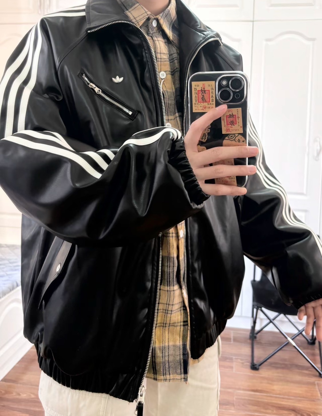 adidas 女款復古翻領運動外套 黑色