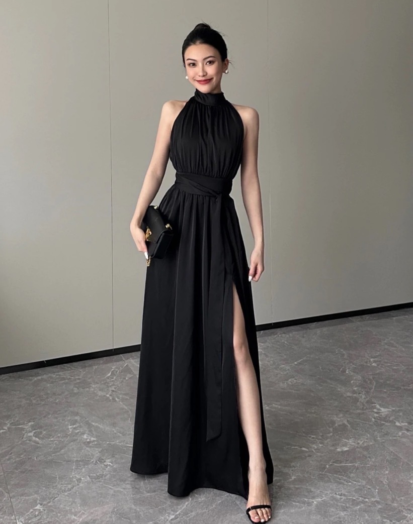 掛脖收腰 雪紡長洋(黑/白)