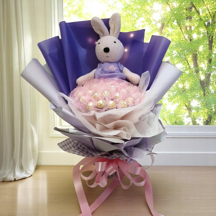 法國兔砂糖兔21朵33朵金莎花束,le sucre Rabbit 21 Flowers 33 Flowers Ferrero Rocher Bouquet