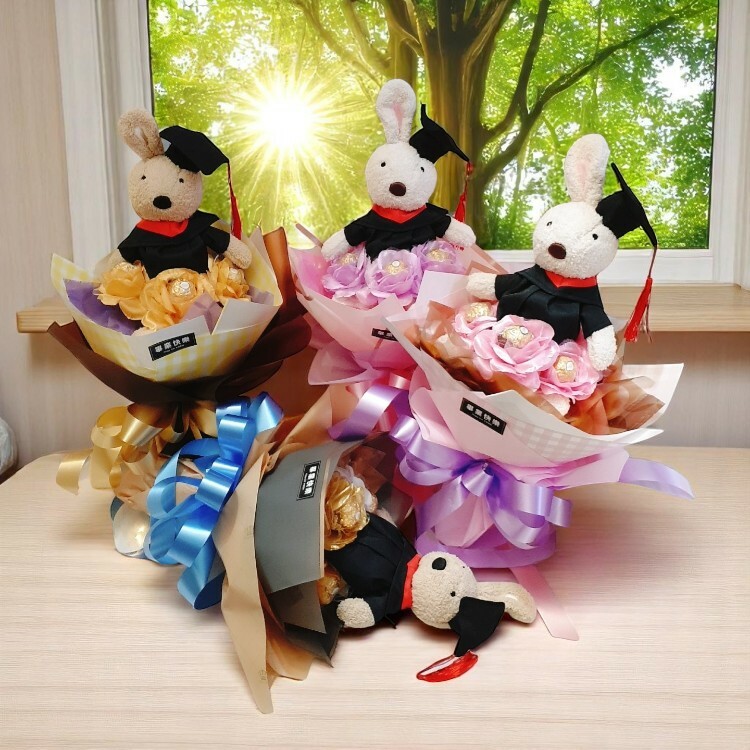 畢業砂糖兔畢業法國兔6朵金莎花束