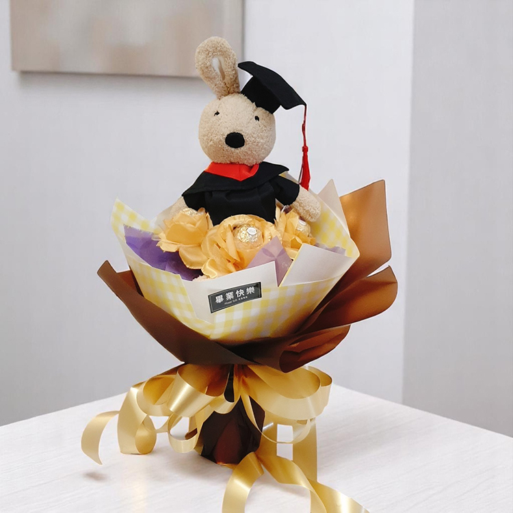 紫金色畢業砂糖兔法國兔6朵金莎花束
