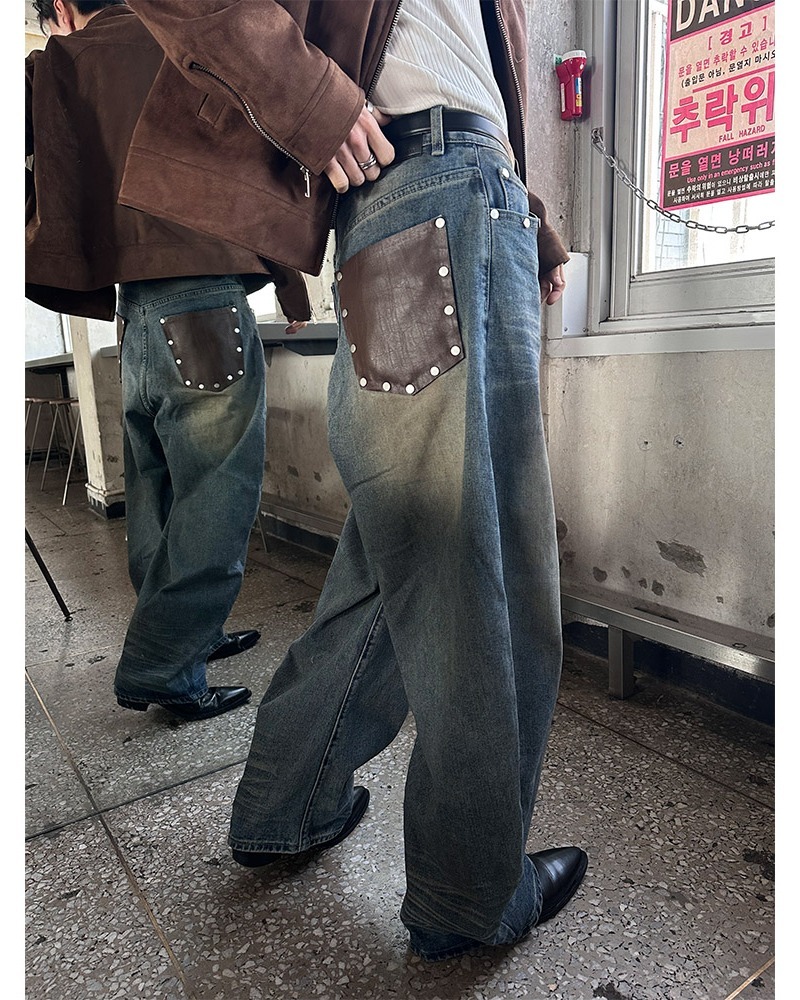 皮革後袋燈籠牛仔褲