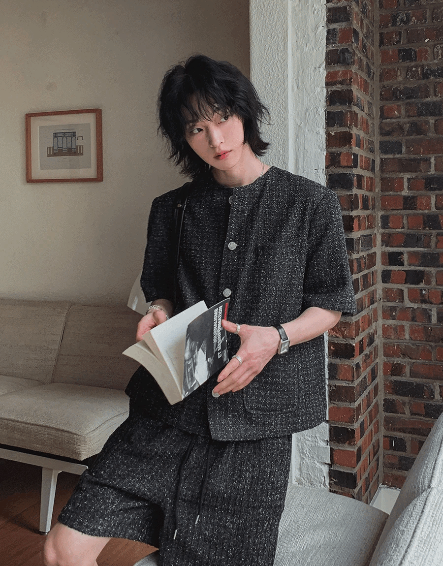 圓領粗花呢半袖夾克外套