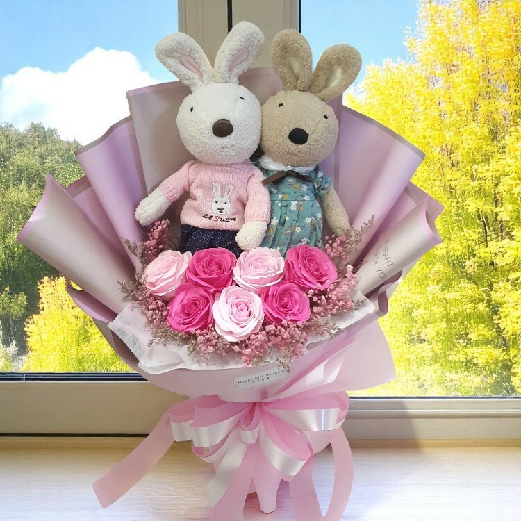 30cm45cm一對兔子花束,結婚兔子花束,結婚禮物,生日花束,畢業花束,感謝花束