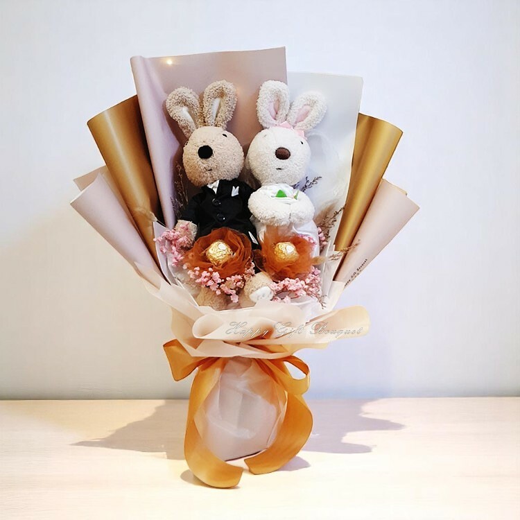 30cm45cm一對兔子花束,結婚兔子花束,結婚禮物,生日花束,畢業花束,感謝花束