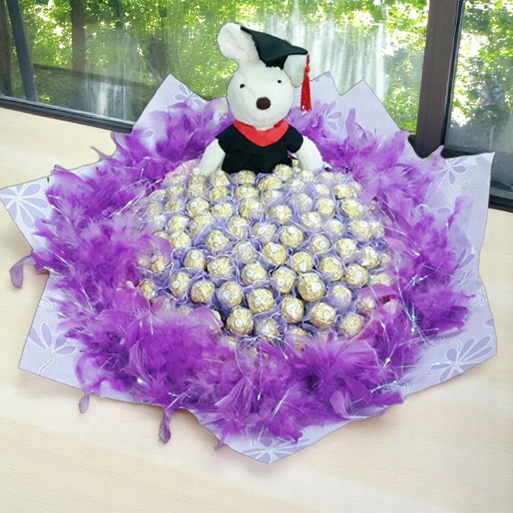 畢業砂糖兔法國兔99朵紫色羽毛金莎花束,le sucre-99-Ferrero Rocher-chocolate-blue-bouquet