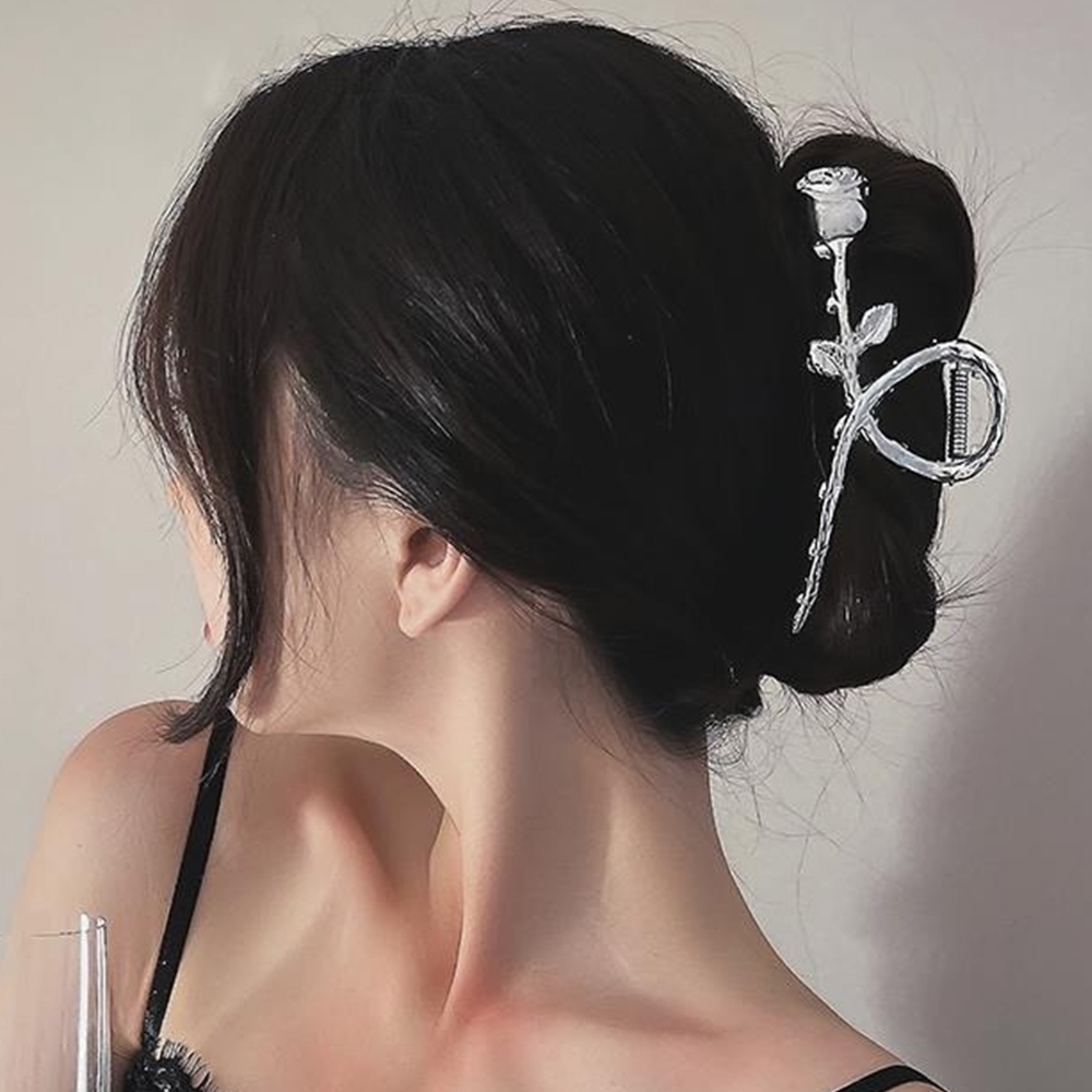 髮飾 鯊魚夾 髮夾 抓夾 玫瑰花 玫瑰髮飾 大鯊魚夾 髮夾鯊魚夾 金屬鯊魚夾 韓版鯊魚夾 氣質鯊魚夾 銀色髮夾  026