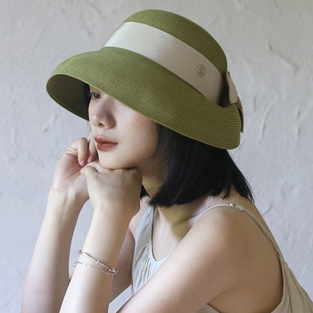 帽子 遮陽帽 女生帽子 草帽 法式 復古帽子 優雅 蝴蝶結  防曬 草編帽 手工編織 平頂草帽 沙灘帽 牛油果綠 056
