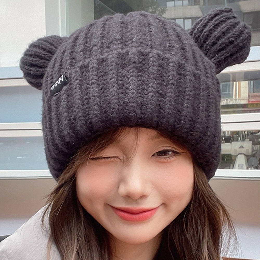純色 帽子女 針織毛帽 毛線帽 小熊帽 冷帽 大頭圍毛帽 護耳帽 保暖帽 韓版毛帽 熊耳朵帽子 可愛風 秋冬穿搭 023