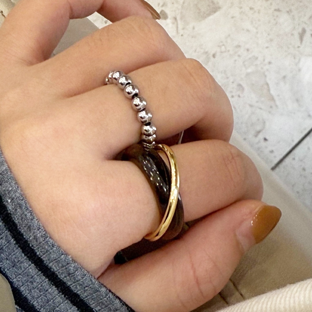 虎眼戒指 雙層交錯 黑曜石 男女同款 情侶戒指 玉戒指 串珠戒指 交換禮物 戒指 復古 時髦 天然石斑點 006