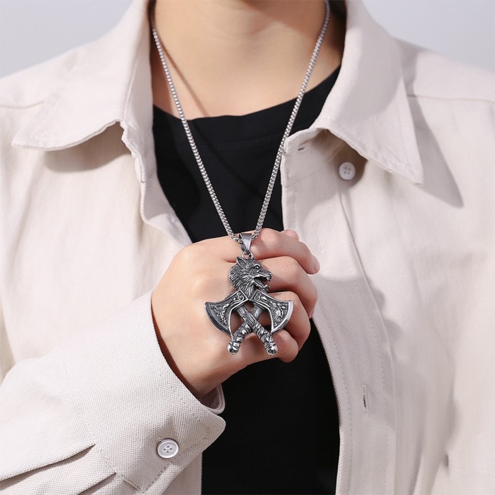 鈦鋼項鍊 不掉色 不銹鋼 小眾設計 霸氣項鍊 狼頭戰斧 吊墜 潮男穿搭 古巴鍊 嘻哈項鍊 項鍊男 復古風 北歐029