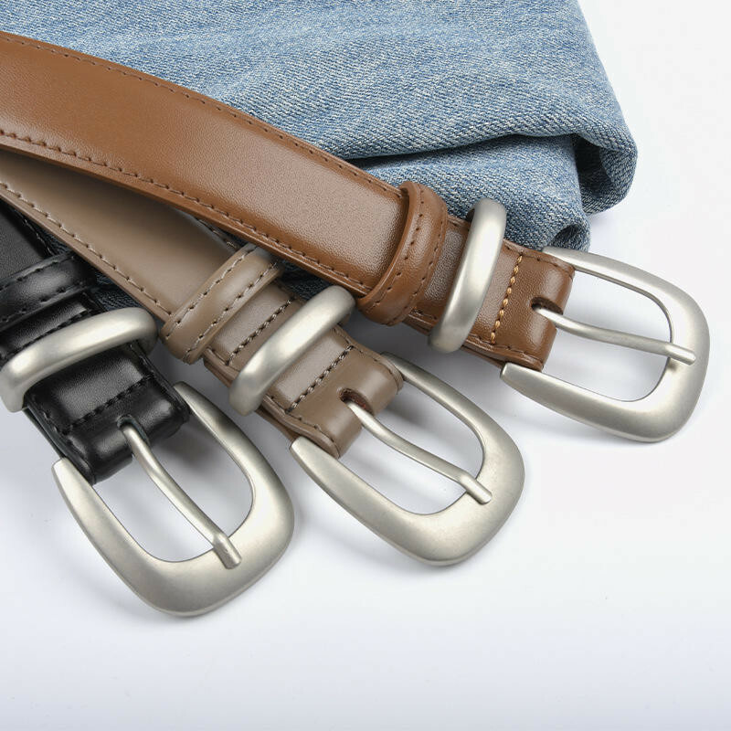 腰帶 皮帶 褲帶 女皮帶 精品皮帶 銀扣腰帶 真皮皮帶女 棕色腰帶 牛仔褲袋 西裝皮帶 牛皮帶 老錢風穿搭 禮物 019