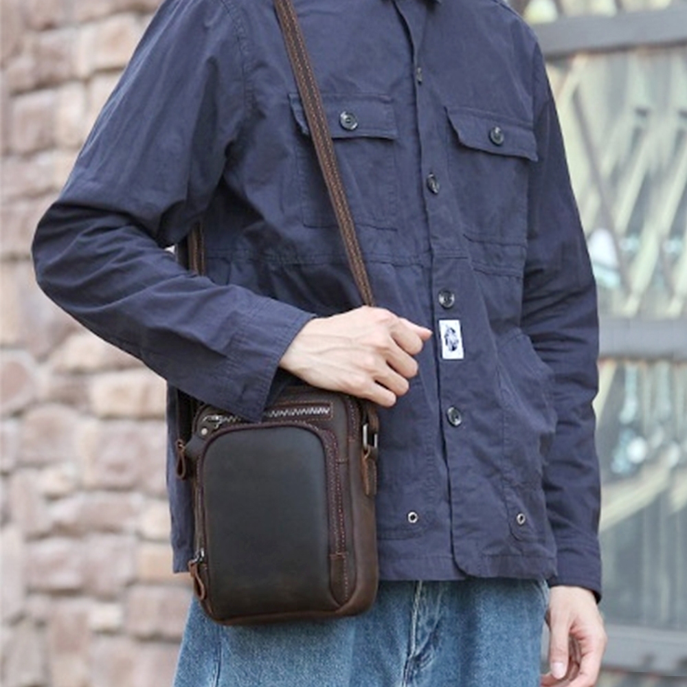 包包 斜背包 馬鞍包 小方包 真皮斜背包 牛皮小背包 休閒包包 復古單肩包 雙層包包 男生手提包 送長輩 禮物 063