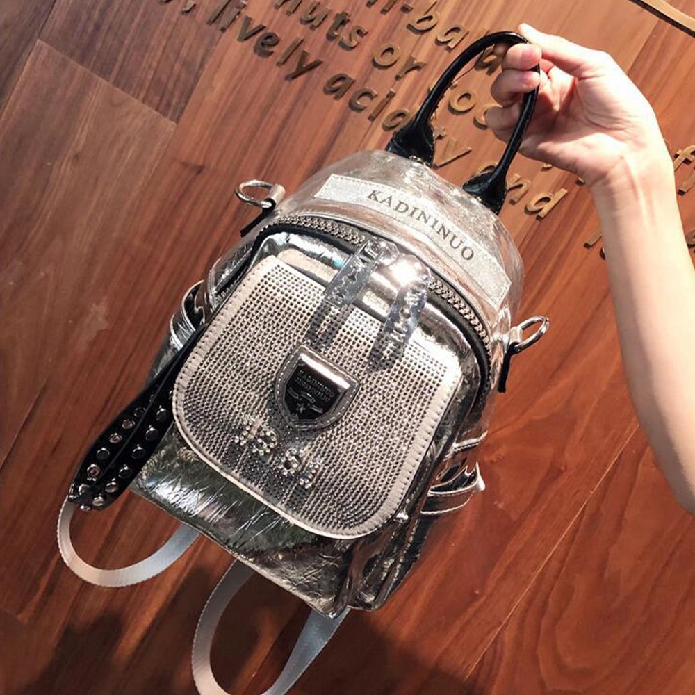 真皮後背包 牛皮背包 禮物 包包 後背包 造型包包 亮鑽包包 小背包 2way背包 肩背包 銀色包包 休閒包包 173